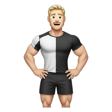 amazed Open with surprise mouth Pale skinned Fit Man With the biceps and dark brown hair in black shirt, gray sports shorts and white Sneakers sticker