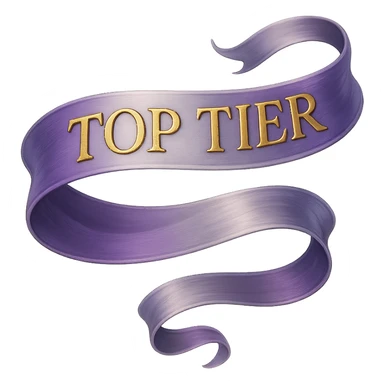 An elegant, flowing ribbon in a vibrant gradient of purple and silver, with the words 'TOP TIER' embossed in a sophisticated, slightly raised gold lettering, no background sticker