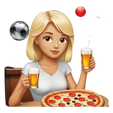 Blond girl eating slice of pizza and drinking beer in sunshine with a disco ball and pool table in the background sticker