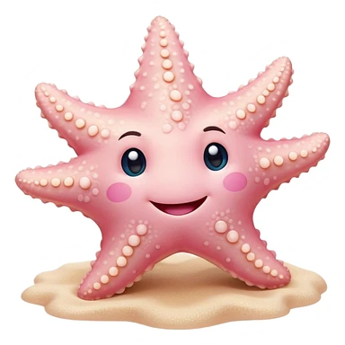 Cinematic cute round starfish, pastel pink, soft bumpy texture, tiny happy face, slightly tilted, glowing warmly, sparkling with gentle ocean magic. sticker