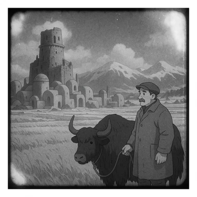 8mm film black and white, no color, light leaks. the image shows post-war reconstruction-era life in the z'rian commonwealth capital region, santa-fe neo-adobe futuristic architechture. arctic temperate region. there is a tattered tower-bastion, a vast field and a middle-aged man with a large black yak sticker