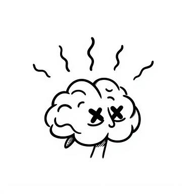 hand-drawn doodle of a brain with X eyes and wavy lines above it, showing exhaustion and brainrot sticker