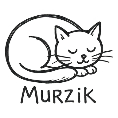 hand-drawn black outline icon of a cat named Murzik, curled up and sleeping sticker