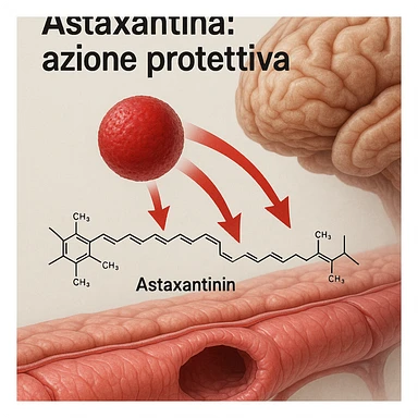 hyper realistic red astaxanthin molecule crossing an anatomical blood-brain barrier, scientific atmosphere, light background, red arrows, with text 'Astaxantina: azione protettiva' sticker