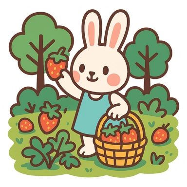 bunny picking strawberries in the woods, sweet pastel red, vibrant-toon style sticker