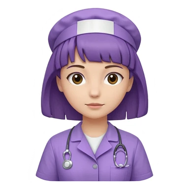 A young female slim nurse with short Brown hair with fringe over her forehead, wearing larvendar purple working cloth, show her hair style without any head wear sticker