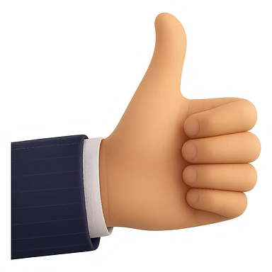 Change the shirt sleeve to navy with a line pattern matching the reference suit style. Keep the hand giving a thumbs up, 60% realistic, with a natural light tan skin tone. Maintain a transparent background. sticker