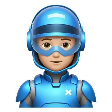 “Futuristic Roblox boy emoji, 2050 style. Blue neon visor, cyber helmet, metallic skin glow, hologram lines, tech-suit with glowing seams, soft neon background.” sticker