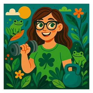 Irish woman with green eyes, brown hair, and glasses, surrounded by nature, frogs, plants, and weight training elements, vibrant illustration style sticker