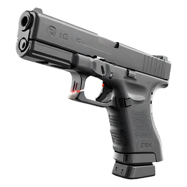an all-black Glock 19 with a magazine extension and a red laser that glows.  sticker