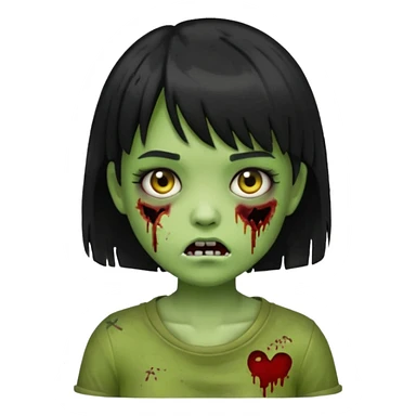 emoji, garota zumbi, estilo iphone, verde, com cabelo curto, preto, com franja, machucados pelo rosto, zumbi, com olhos brancos sticker