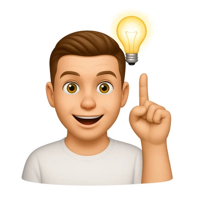 Based on these photos, make an emoji with facial features preserved, man in white t-shirt, got an idea, light bulb over head sticker