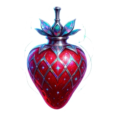 modernus prabangus eliksyro buteliukas, braškės forma, ryški raudona spalva, holografiniai ir sidabriniai ornamentai, stiprūs magiški švytėjimai ir efektai, labai mažas kaklelis, skaidrus fonas, vientisas dugnas, be šešėlio, plūduriuoja ore, kolekcijos stilius sticker