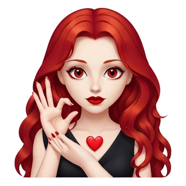 a pretty woman with long red hair and red eyes. The woman wear a black little cutted dress. She have red lipstick and she have a seductive look. She do a heart shape with her fingers sticker