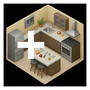 Move the plus symbol to the left side of the kitchen emoji, keeping it clearly visible and in the same style as the original image. sticker