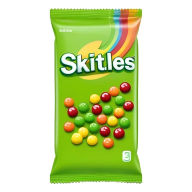 Extremely simple Skittles package design with only green candies, minimalist style sticker