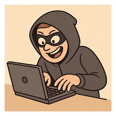 hacker, cartoon style, typing on a laptop, playful expression sticker