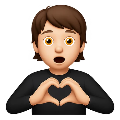 Edit the apple style emoji of a boy with brown hair to have longer hair and his hands forming a heart shape. Keep the boy wearing a black shirt, with wide open eyes and mouth, front view, and no background. Maintain the apple emoji style look. sticker
