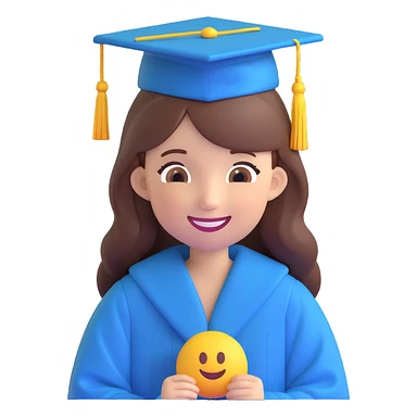 girl with long brown hair in graduation clothes with hat and robe smiling, emoji style sticker