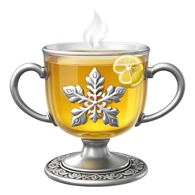 3D emoji of a traditional
Russian tea glass in an ornate silver metal holder (podstakannik). Hot tea with a lemon slice, visible steam forming a small snowflake shape. High-end glossy 3D
 sticker