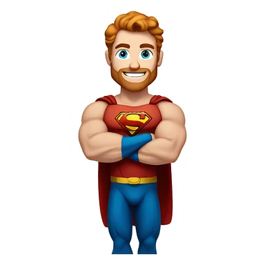 Irish superman, redish hair, blue eyes, redish brownish facial hair, muscular body, smiling sticker