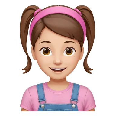 preschool teacher with brown hair pulled up in high ponytail and light pink thin width headband. Has a pink t-shirt with denim overalls. enthusiastic expression with big smile sticker