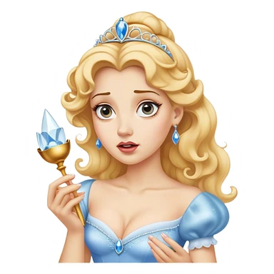 Cinematic Funny Cinderella Portrait Emoji, Stunned expression as she holds a glass slipper much too big, one eyebrow raised, golden curls slightly messy, a mix of royal grace and unexpected humor, capturing a lighthearted twist on her fairy tale moment! sticker