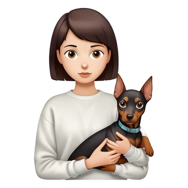 A short-haired girl in a white sweatshirt holding a Doberman sticker