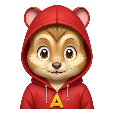 Portrait of a cartoon chipmunk with light brown and beige fur, wearing a red hoodie no zip with a yellow 'A' on it, big round eyes, small nose, and a mischievous grin, front-facing, stylized in animated movie style sticker