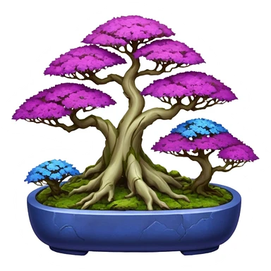 Futuristic wild glowing et alien moss maples Bonsai hair-fine-leaf group crimson crystal boxwood purple and cream pink blue informal rocky cliffhanger forest planting in shallow slab style pot  sticker