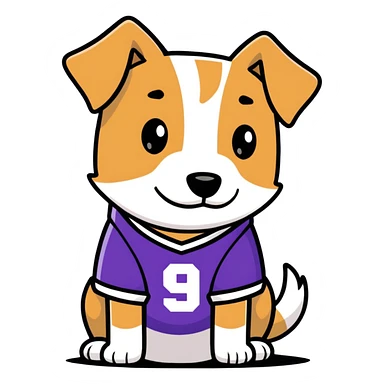 Dog in the street with a purple jersey wearing 9 sticker