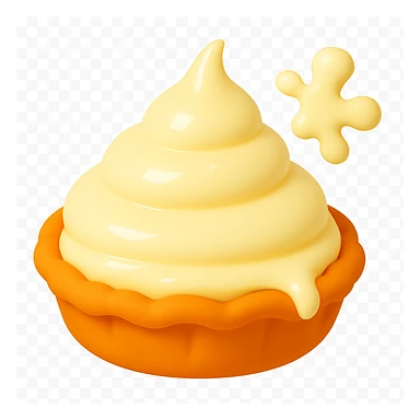 Add a small cream splatter in the top right corner, matching the smooth, rounded style and lighting of the other pie splatter designs. Keep the playful 3D emoji style, golden brown crust, and transparent background. The main cream part and drip should remain intact. sticker
