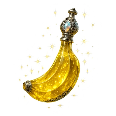 luxurious crystal elixir bottle in banana shape, banana yellow color, ornate silver and iridescent details, maximum magical glowing and sparkling effects, very small neck, seamless bottom, transparent background, bottle clearly floating in air, no base or shadow, modern, collection style sticker