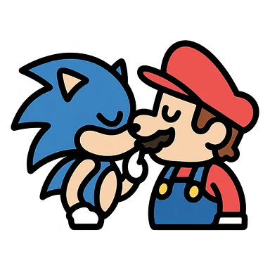 Sonic the Hedgehog kissing Mario, modern icon style, clean lines, simple and bold, suitable for app or website use sticker