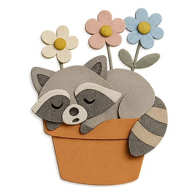 a sleepy raccoon inside a flower pot with a few flowers inside the pot, pastel earthy colors, paper craft style sticker