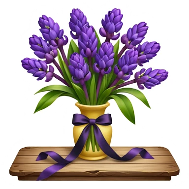 A lush bouquet of bright prple color Hyacinths black satin ribbon, resting on an antique wooden table, with a pale yellow and pink plaid pattern table cloth sticker