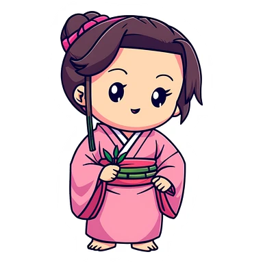 chibi Nezuko with pink kimono and bamboo muzzle in her mouth sticker