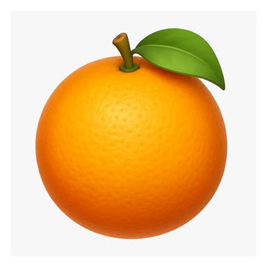 Create an orange fruit emoji in iOS emoji style, 3D, shiny, with smooth gradients, soft shadows, and realistic orange texture. The emoji should not have a face and should resemble the reference image. Add a subtle highlight to the orange surface. sticker