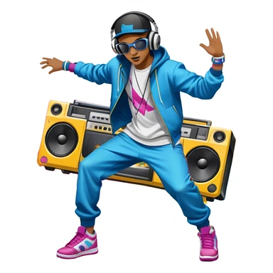 Icon for Street Dance: a dancer in urban streetwear performing a dynamic lower breakdance move, with a spray-painted background, headphones, and a boombox on the asphalt. The icon should capture the energy, style, and creativity of street dance culture. Transparent background. sticker