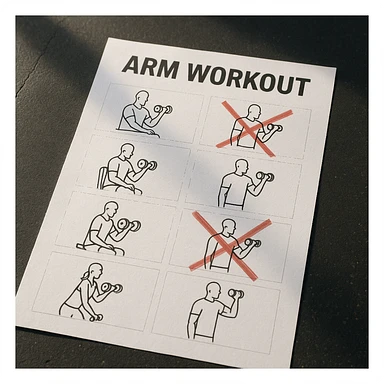 Top view of an arm workout exercise list sheet with red X marks on wrong exercises, hyperrealistic style, 4K quality, sharp details, realistic gym environment with natural lighting. sticker
