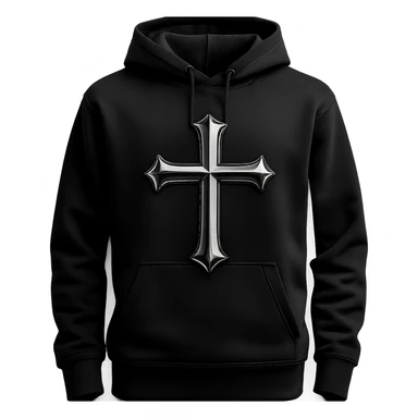 black hoodie featuring a shiny chrome cross design, 3D metallic effect, simple background sticker