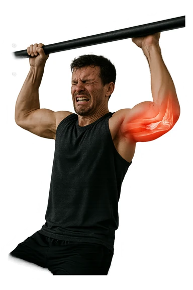 a man in gym attire is performing a pull-up on a bar when his face suddenly contorts in pain. His elbow is highlighted with a bright red glow, and a semi-transparent overlay reveals a visible tear or injury in the joint structures (such as ligaments or tendons). The background is a modern gym, with anatomical posters and equipment. sticker