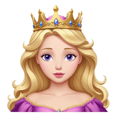 Cinematic Realistic Sleeping Beauty (Aurora) Portrait, with porcelain-like skin featuring a natural rosy flush, illuminated by soft lighting that highlights the gentle contours of her face. Her golden blonde hair flows in soft, detailed waves with subtle highlights that shimmer in the light. Her deep violet-blue eyes radiate warmth and innocence, framed by arched brows and long lashes. Her serene expression exudes quiet elegance. She is dressed in her classic pink gown, the fabric rich in texture with delicate folds that catch the light. A golden crown rests atop her head, gleaming with royal refinement. The portrait captures a soft, glowing aura, blending realism with an ethereal sense of beauty and timeless enchantment. sticker