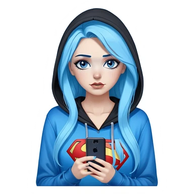 Female-big tears-Very tall-very very very large chest-texting on a samsung cell phone-very long straight black to sky blue hair ombre-blue eyes-black eyeliner-long eyelashes-hoodie with glitter superman logo-leggings-lippierced sticker