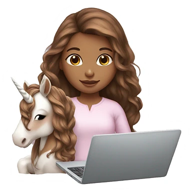 Brown hair girl holding a unicorn and a laptop sticker