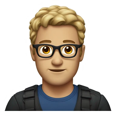 man with dark blonde hair, stubble, with dark brown eyes, black glasses, and dark blue shirt sticker