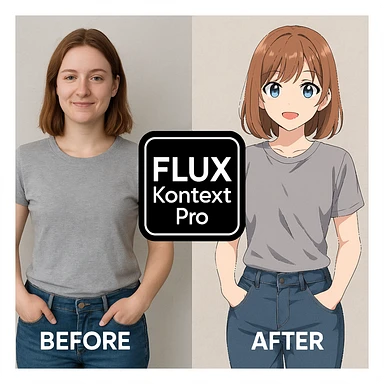 create before after image of a girl before is realsitic photo, after is anime version of her in same pose and clothes, add logo with text of a "FLUX Kontext Pro" sticker
