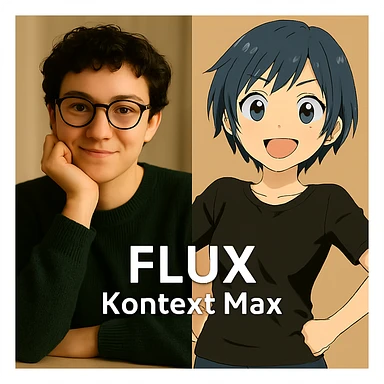 same similar image but chnage the text to "Flux Kontext Max", change people and pose too sticker