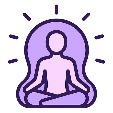minimalist icon of a meditating figure with a glowing aura, soft purple and white color palette, clean vector lines, modern and serene, suitable for wellness or mindfulness app sticker