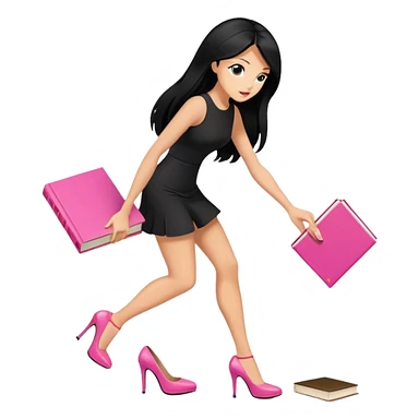 women  long black hair tanned skin, heels in black mini dress, pick up pink book from ground, sticker